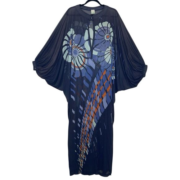 Vintage 1970s Gottex Maxi Dress Swim Cover Caftan Flowey Boho Blue Floral Medium - Picture 1 of 16